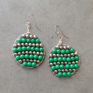 Handmade Round Circle Green Silver Beaded Woven Dangle Earrings